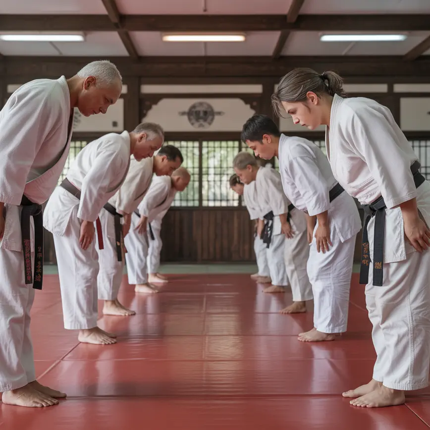 Trening sztuk walki w dojo – uczniowie okazują sobie szacunek poprzez ukłon
