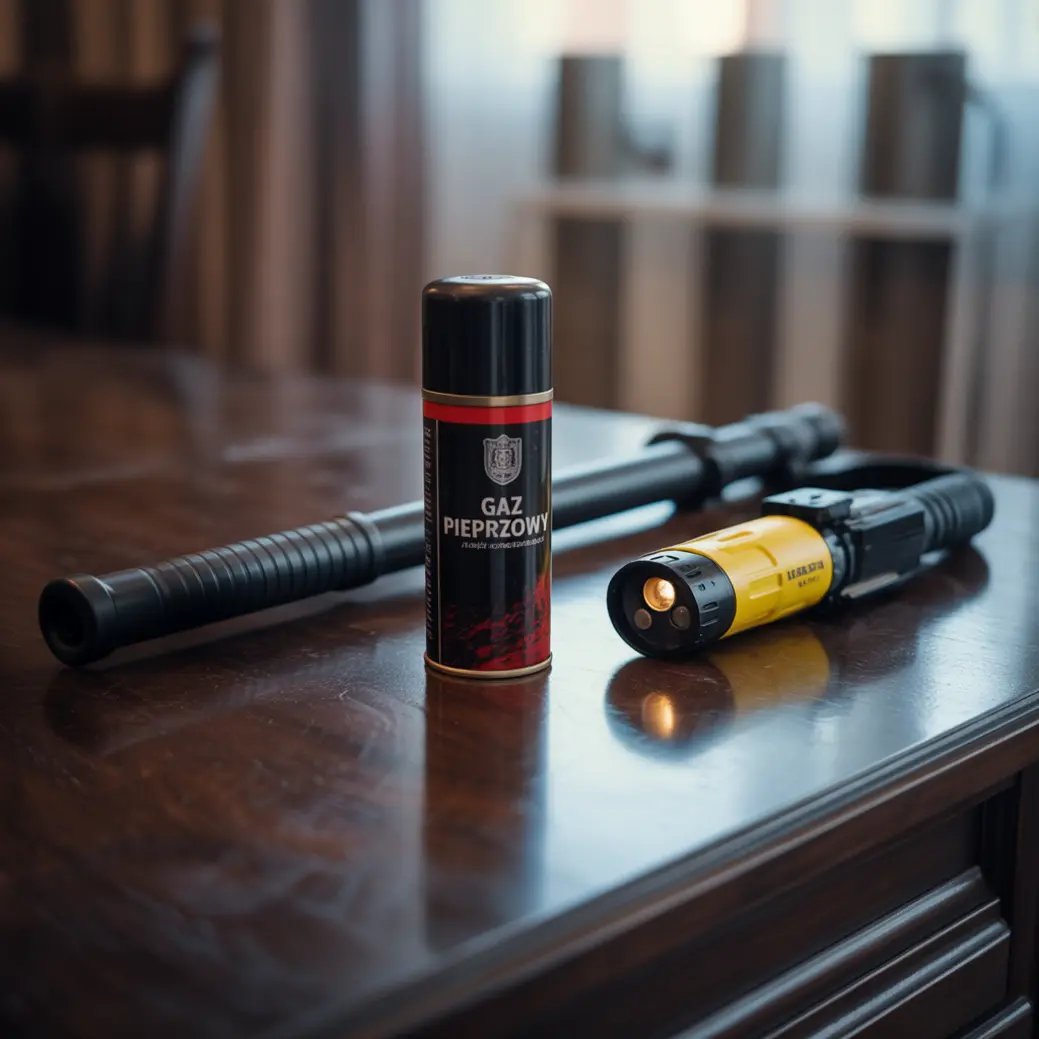 gaz pieprzowy, pałka teleskopowa i paralizator leżące na stole