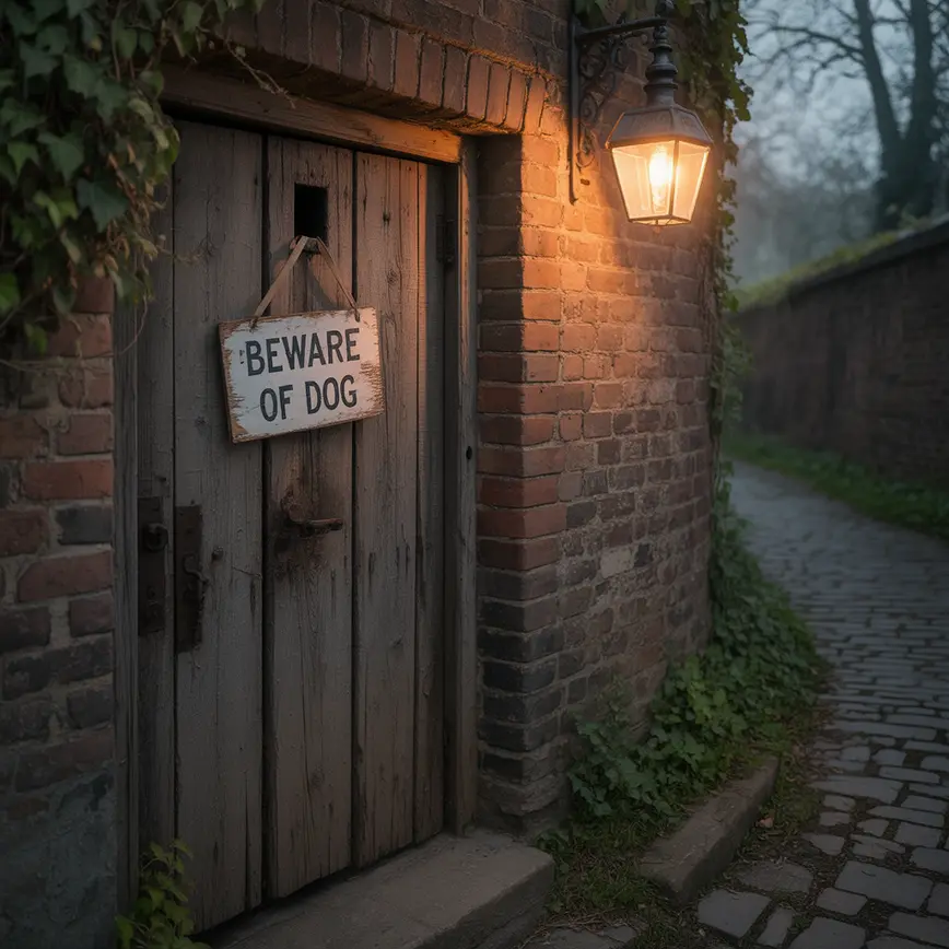 Drzwi wejściowe mieszkania z kredowym znakiem i przezroczystą taśmą na framudze