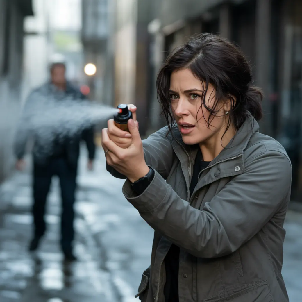 kobieta broniąca się gazem pieprzowym przed napastnikiem