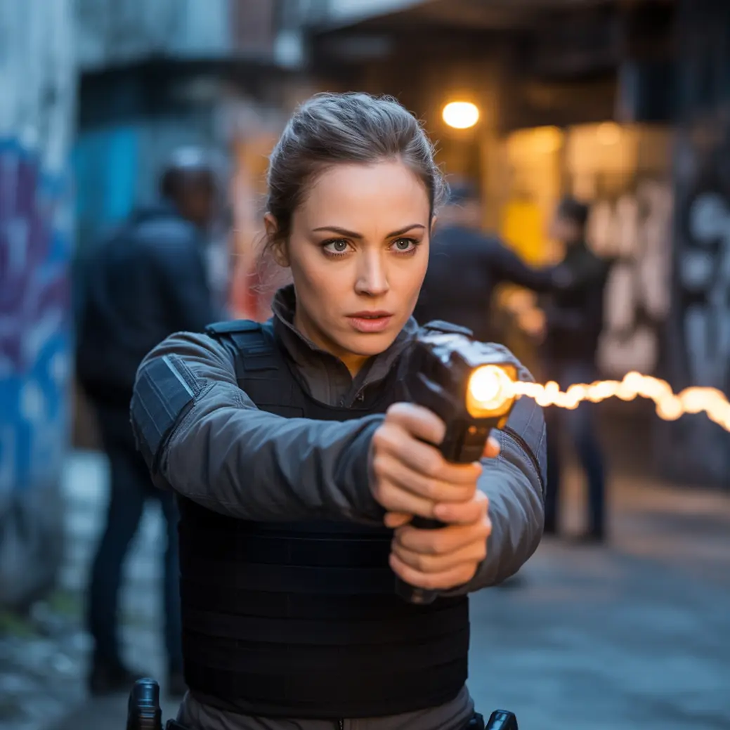 Kobieta w taktycznej kamizelce strzela z broni w wąskiej, miejskiej alejce. W tle niewyraźni ludzie i graffiti na ścianach.