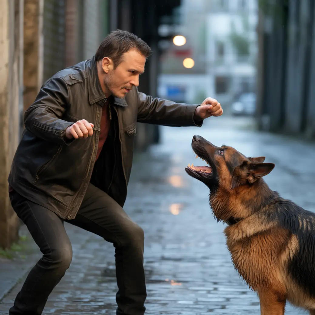 mężczyzna broniący się przed agresywnym psem