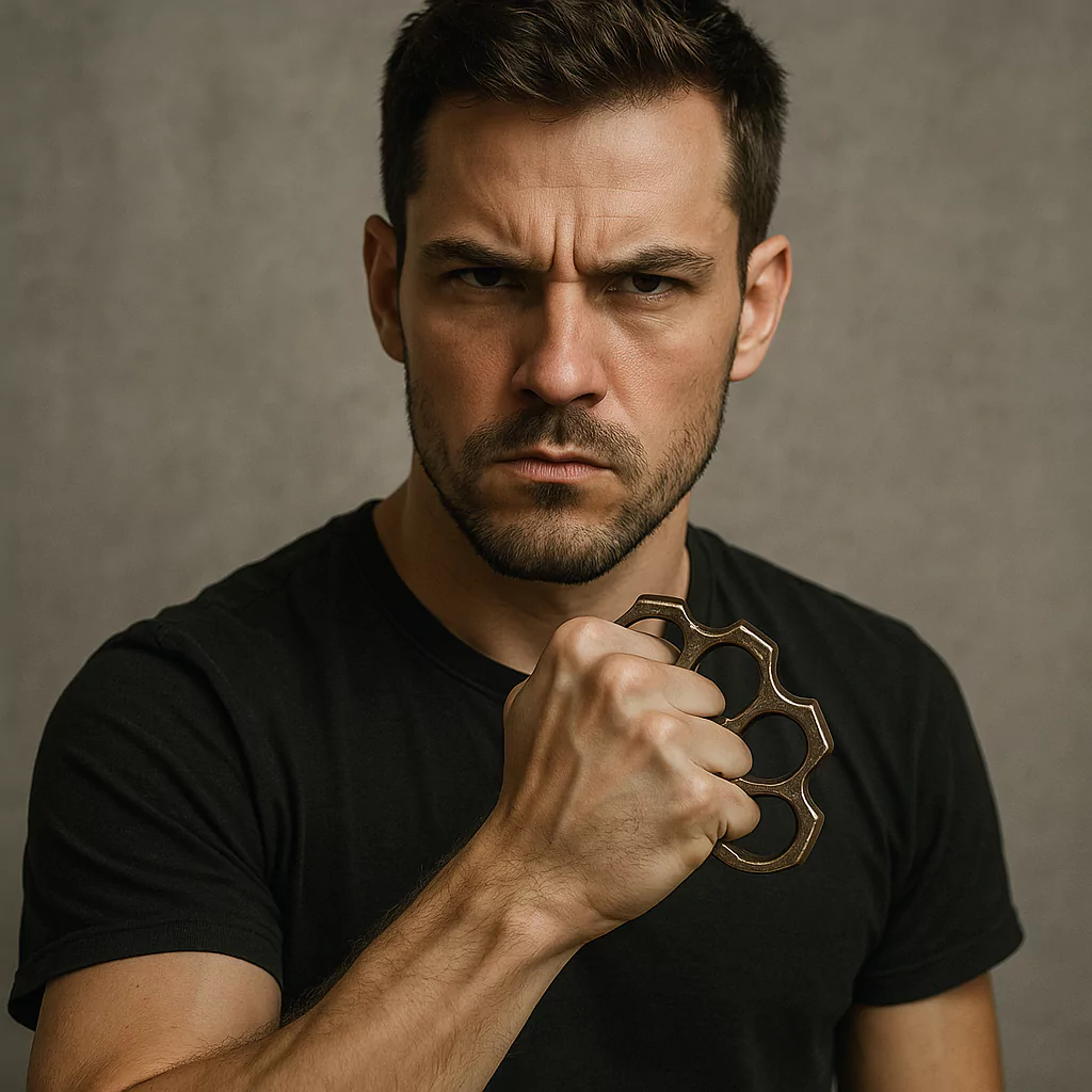 Mężczyzna o poważnym wyrazie twarzy trzyma kastet w uniesionej pięści. Tło jest neutralne, co skupia uwagę na jego zaciętej postawie.