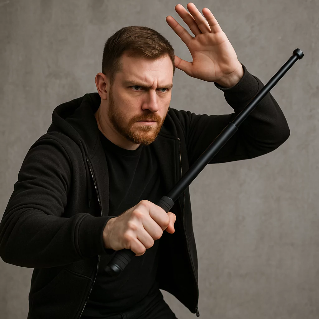 mężczyzna z pałką teleskopową