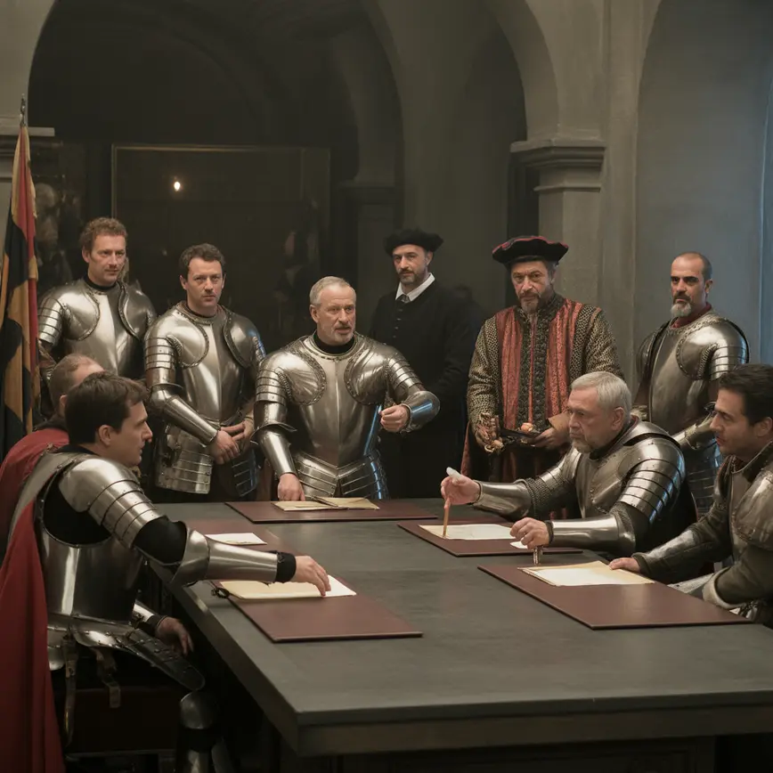 Kondotierzy na koniach i współcześni kontraktorzy wojskowi ramię w ramię w scenerii wschodu słońca