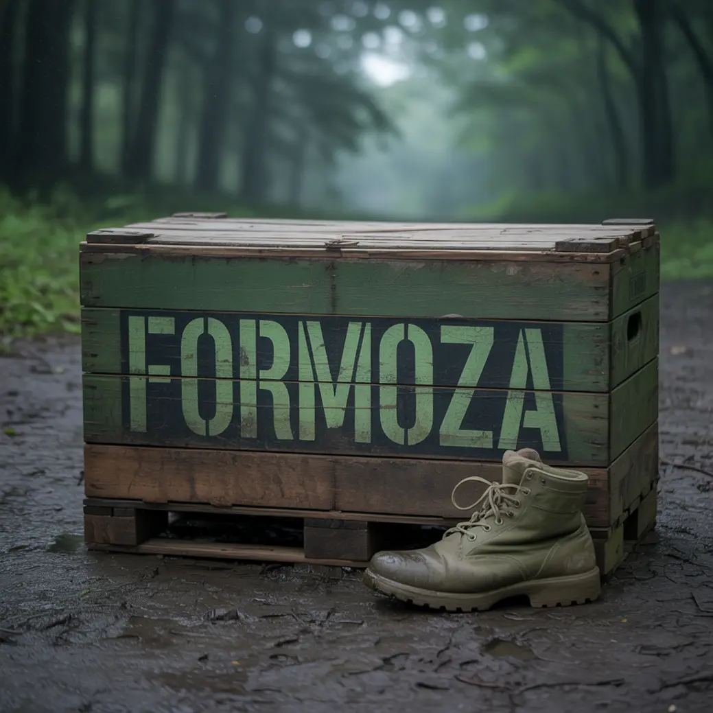 Skrzynia z napisem "FORMOZA" stoi na błotnistej drodze w lesie. Obok znajduje się wojskowy but. Tło tworzą drzewa i mglisty klimat.