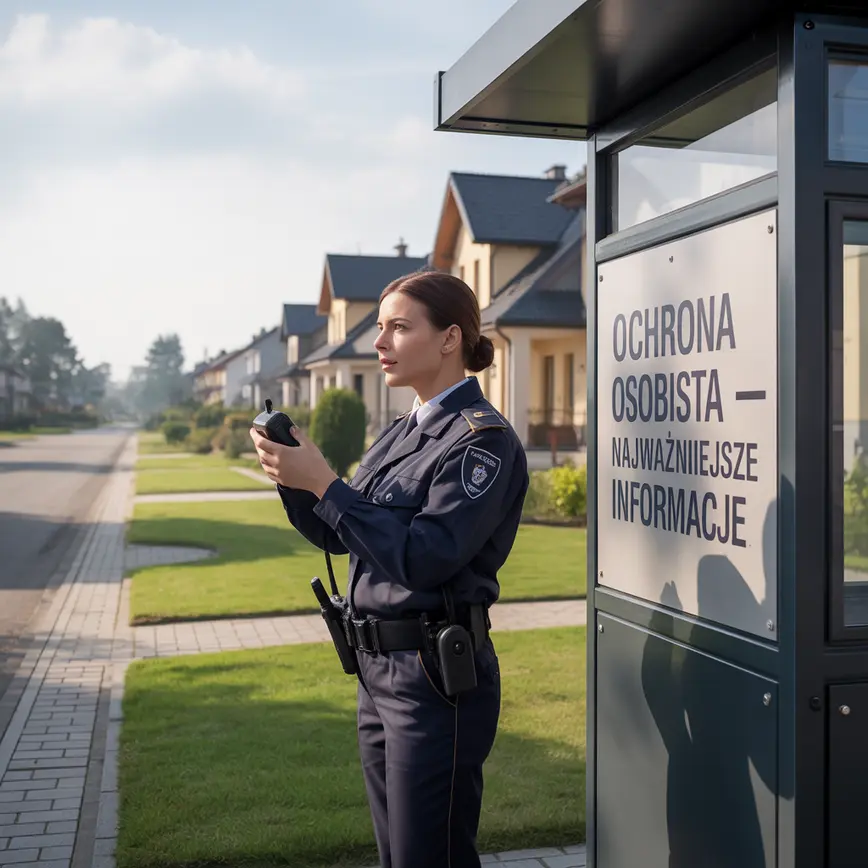 Osoba trzymająca identyfikator i smartfon z biometrią, ochroniarz w tle – ilustracja współczesnej ochrony osobistej