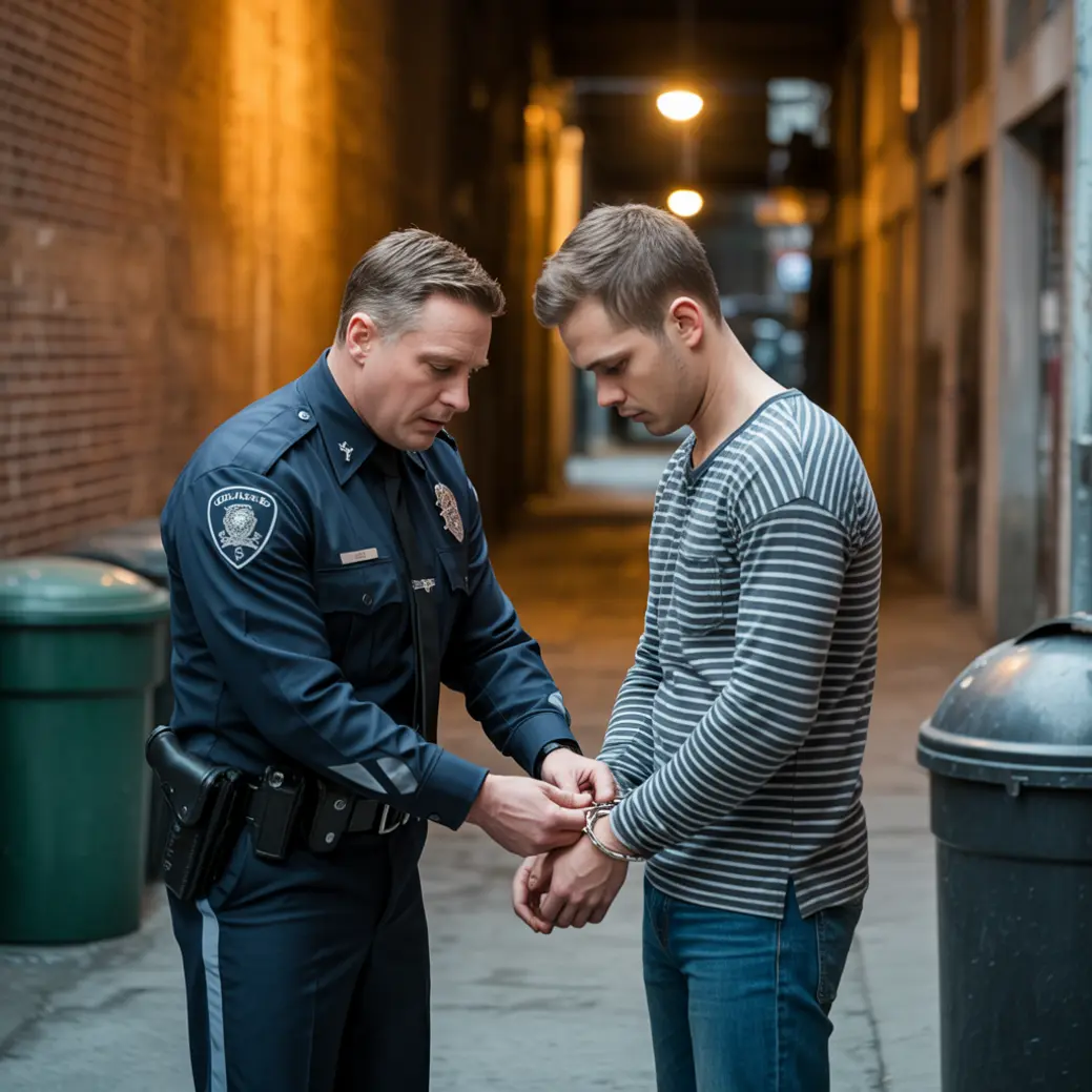ochroniarz zakłada kajdanki złodziejowi