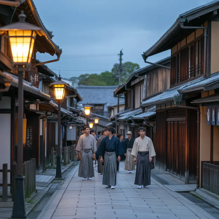 Nocny krajobraz Tokio z członkami yakuzy na tle neonów i deszczu