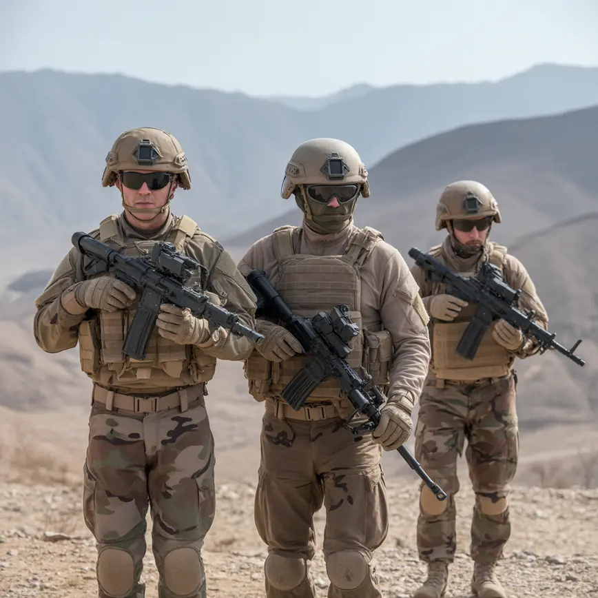 Żołnierze w pełnym wyposażeniu i hełmach patrzą przed siebie, trzymając karabiny. Stoją na pustynnym terenie z górami w tle.