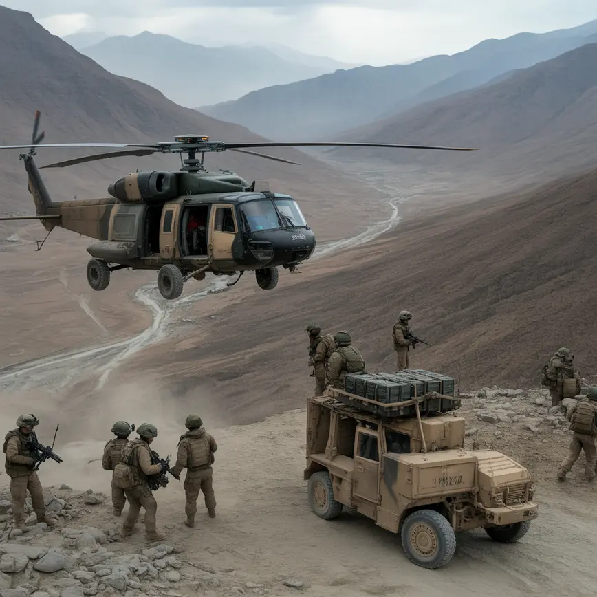 Koalicyjne wojska w trakcie lądowania śmigłowców w górzystym rejonie Afganistanu w czasie operacji Anakonda