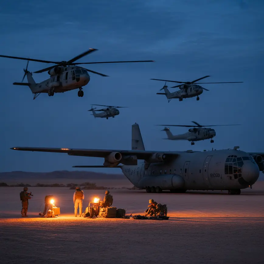 Lądowisko Desert One na irańskiej pustyni z amerykańskimi śmigłowcami i samolotami podczas operacji Eagle Claw