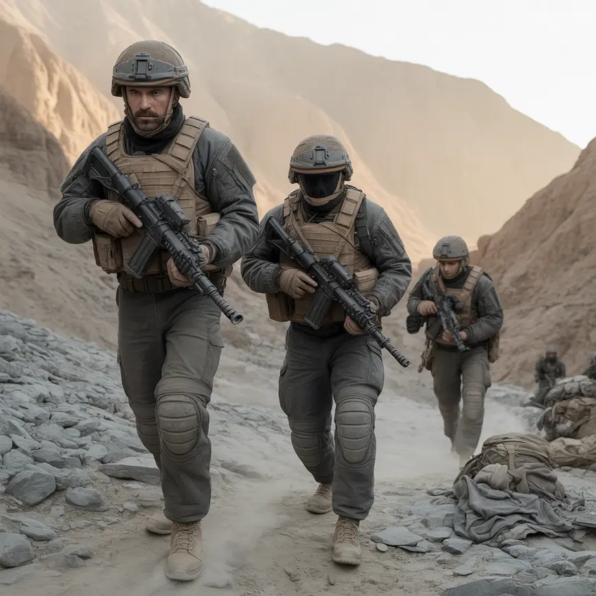 Czterech żołnierzy Navy SEALs maszerujących w górzystym terenie Afganistanu o świcie