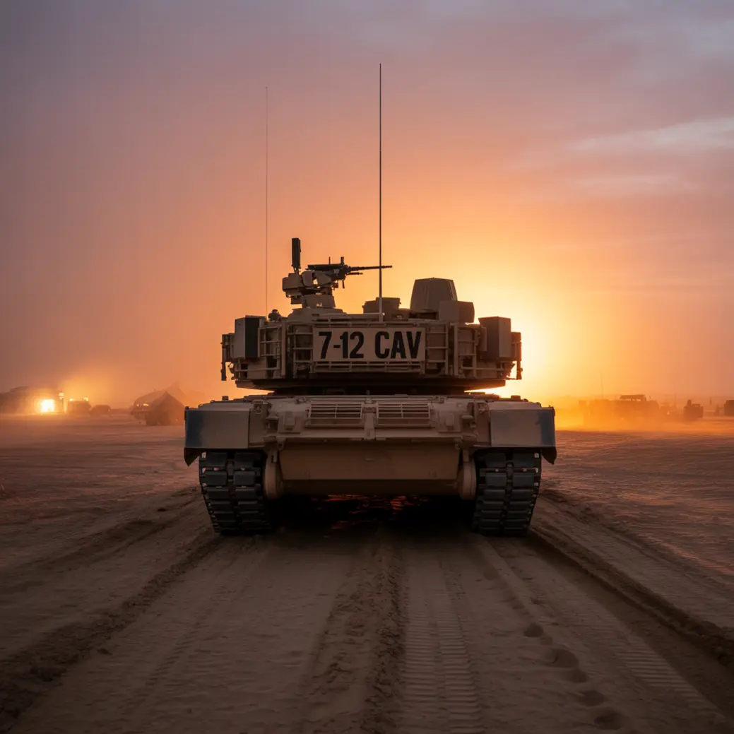 Czołg z oznaczeniem "7-12 CAV" stoi nieruchomo na pustynnym terenie podczas zachodu słońca, co tworzy złocisty blask w tle.