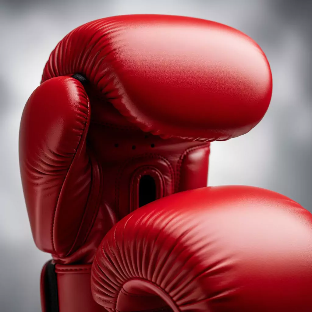 Rękawice bokserskie koloru czerwonego, ułożone jedna na drugiej, w neutralnym, rozmytym tle. Sposób ustawienia rzuca światło na ich fakturę i kształt.