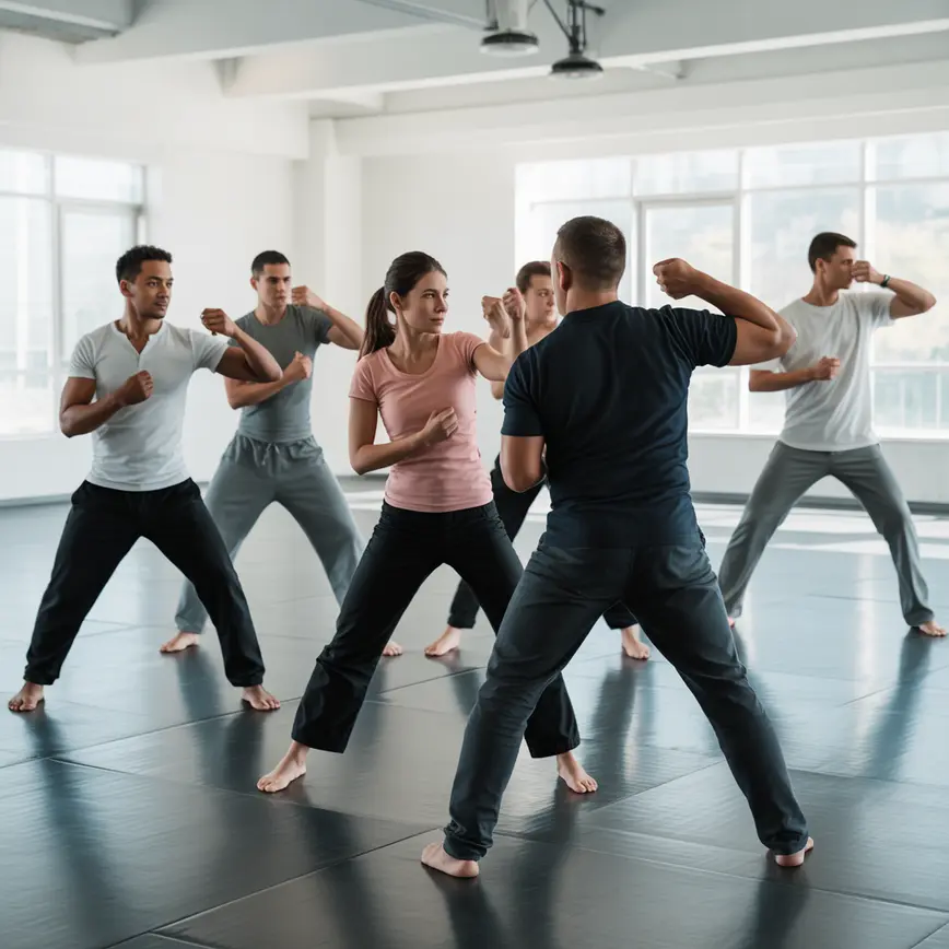 Grupa osób podczas nauki podstawowych technik samoobrony w jasnej sali gimnastycznej