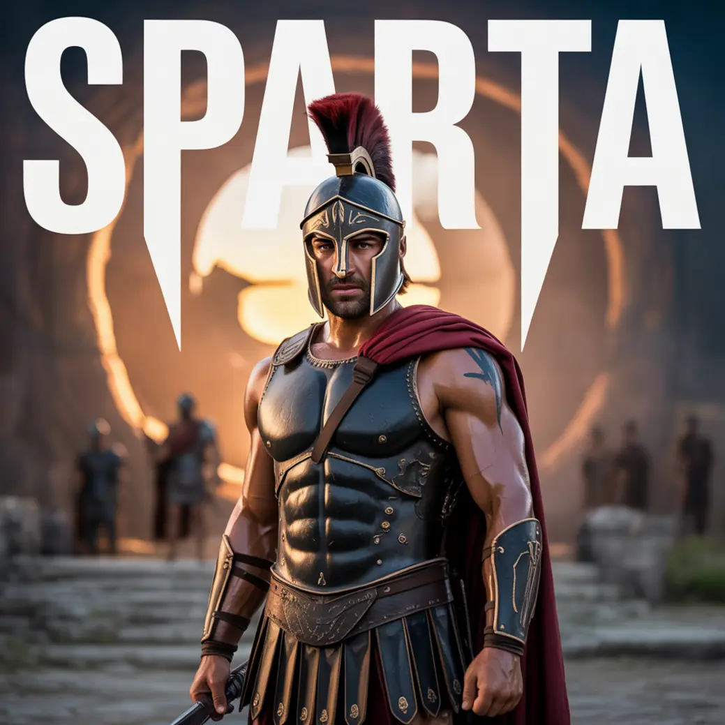 Wojownik w hełmie stoi w centrum, ubrany w zbroję i czerwony płaszcz, z mieczem w dłoni. W tle widoczni są inni żołnierze oraz łukowate przejście. Duży napis: "SPARTA".
