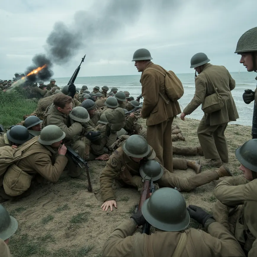 Amerykańscy żołnierze II wojny światowej przechodzą przez pole bitwy z eksplozjami w tle