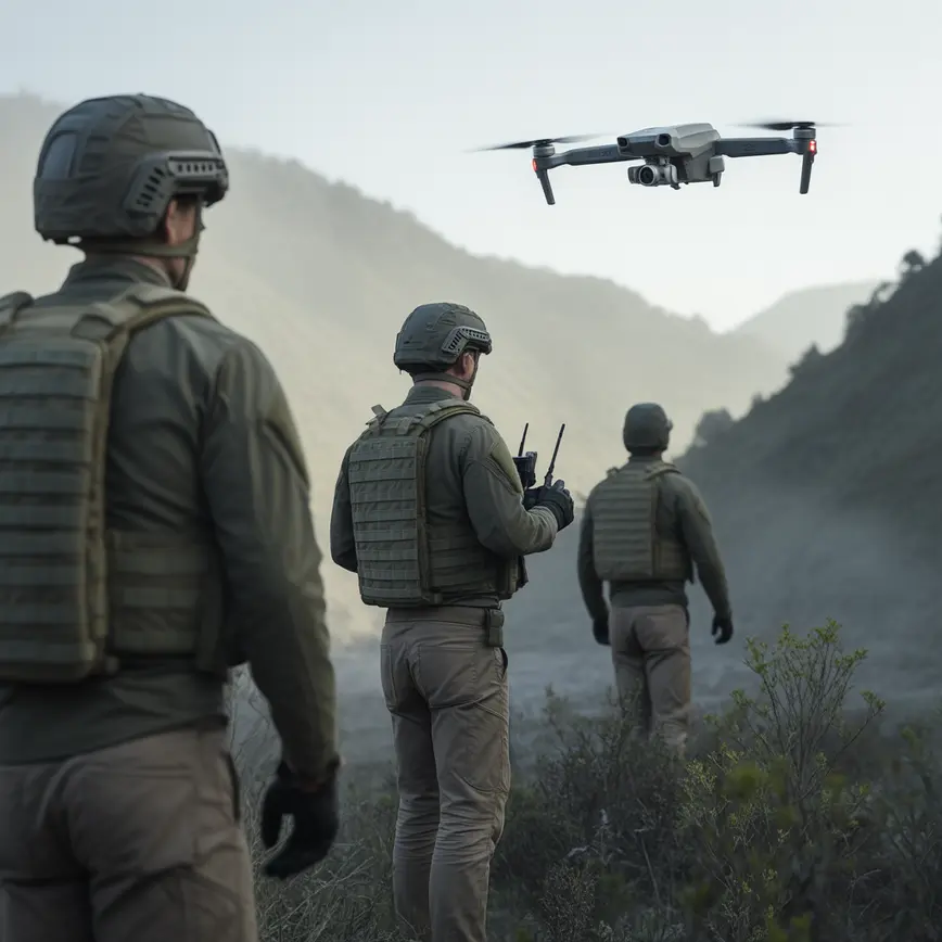 Mały oddział zwiadowców wyposażony w nowoczesny sprzęt podczas działań na polu walki