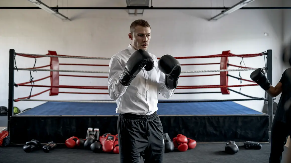 Trener boksu instruujący zawodnika w ringu, z intensywnym oświetleniem