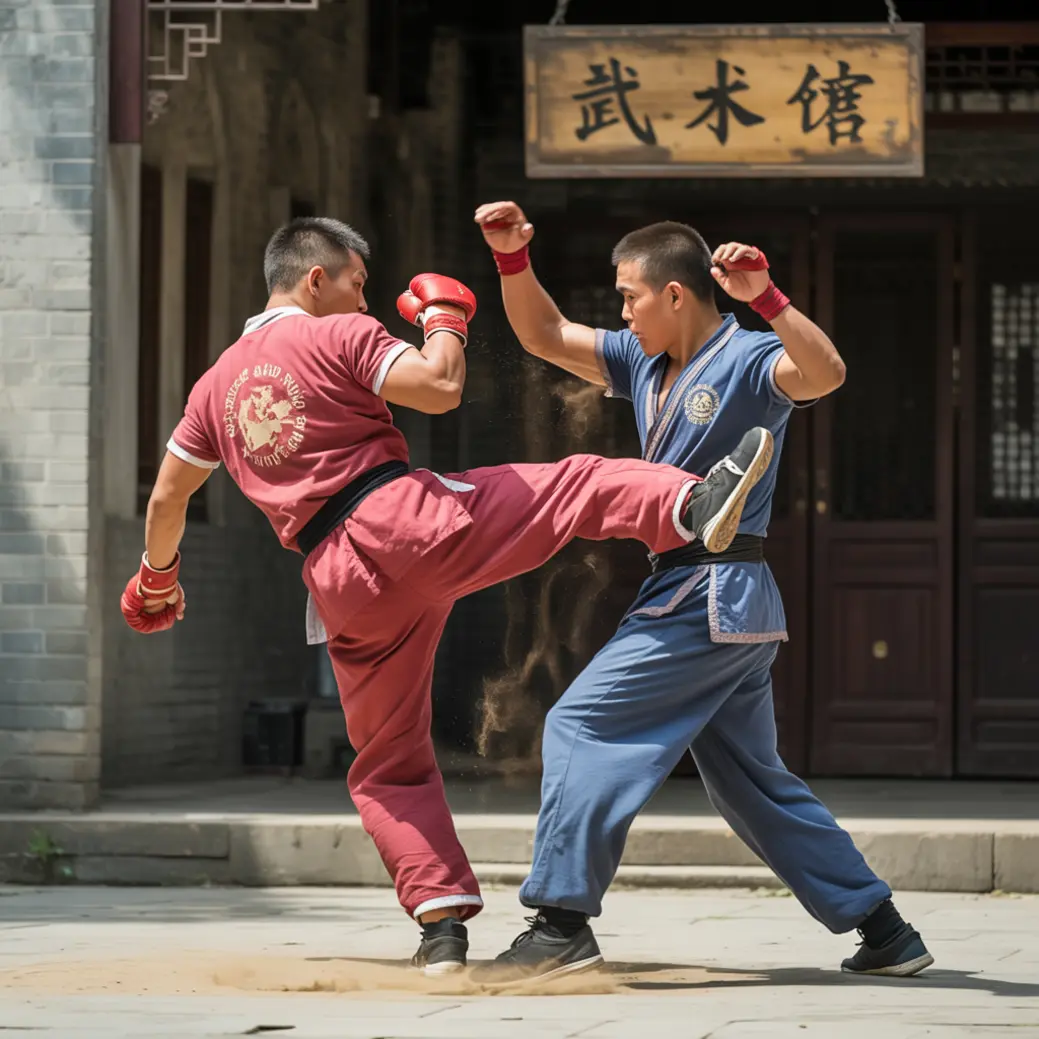 Dwaj mężczyźni w czerwonym i niebieskim stroju trenują kung fu na dziedzińcu. Jeden wykonuje kopnięcie, drugi unosi pięści w obronie. W tle widoczny szyld z chińskimi znakami: 武术馆.
