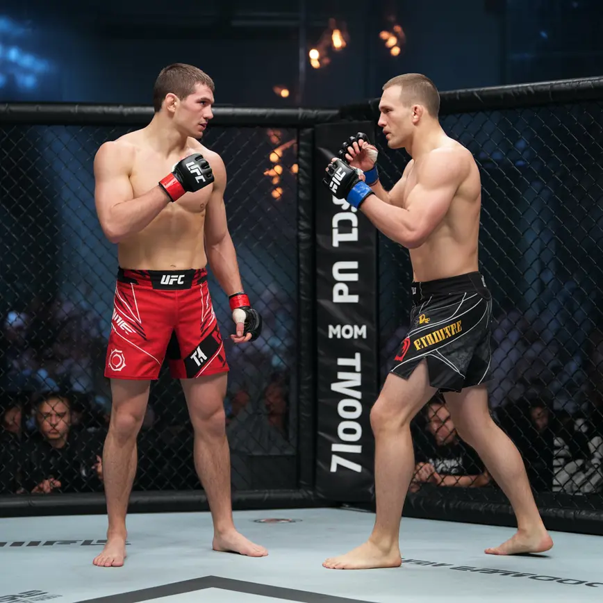 Arena MMA z logotypami UFC i Bellator oraz walczącymi zawodnikami