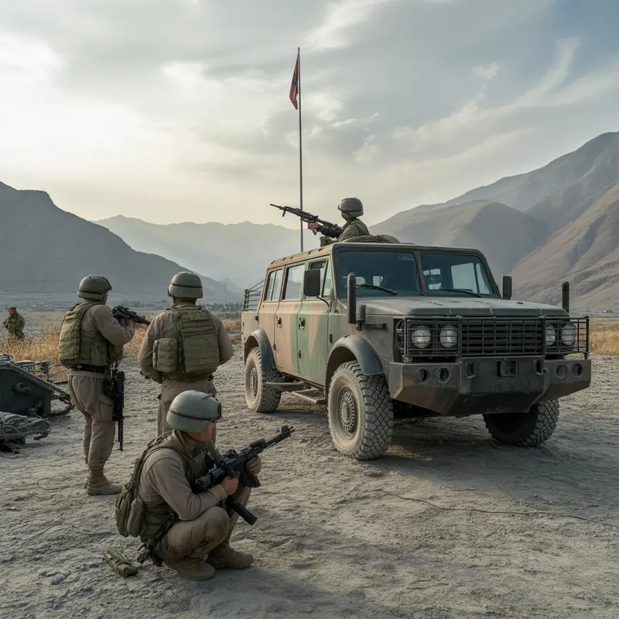 Oddziały wojskowe na tle gór Afganistanu, z widocznym sprzętem wojskowym i śladami konfliktu
