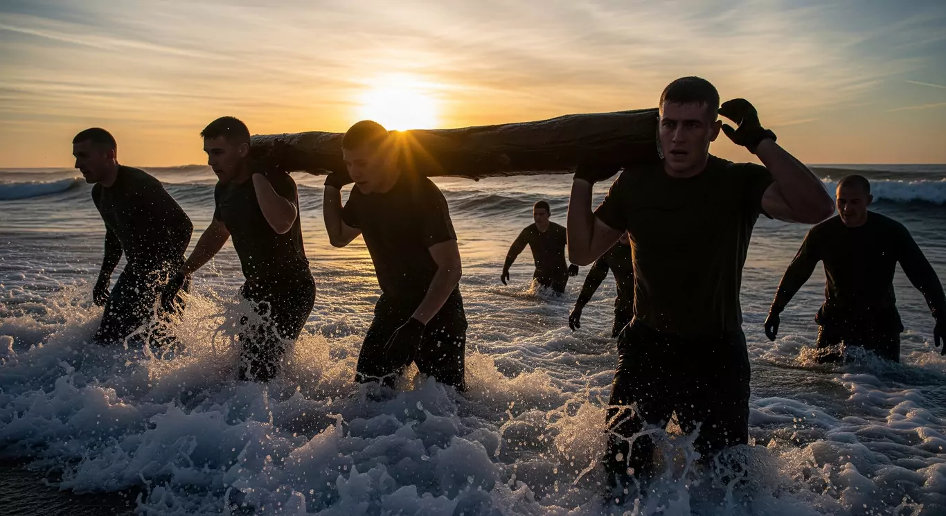 Grupa ludzi niesie drewniany pień nad ramionami, idąc przez wzburzone fale oceanu o zachodzie słońca. Otaczające ich światło tworzy dramatyczny, dynamiczny nastrój.