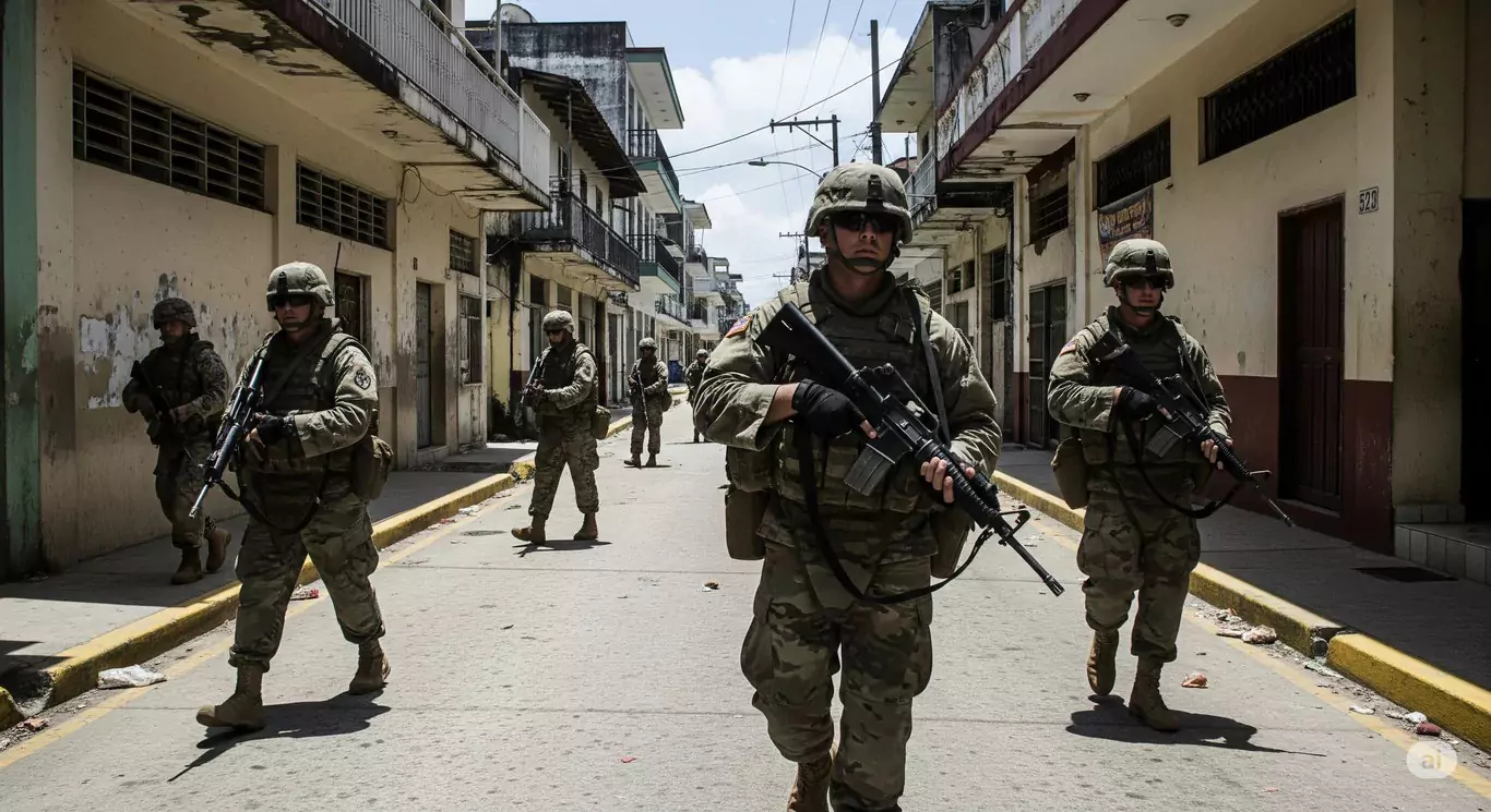 Żołnierze maszerują wzdłuż pustej, zniszczonej ulicy w mieście. Ubrani w mundury i wyposażeni w broń, patrolują teren w pełnym słońcu.