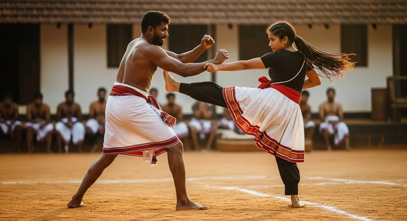 Dwoje ludzi trenuje sztukę walki zwróconych do siebie na piaszczystym placu, otoczonym siedzącymi obserwatorami w tradycyjnych strojach.