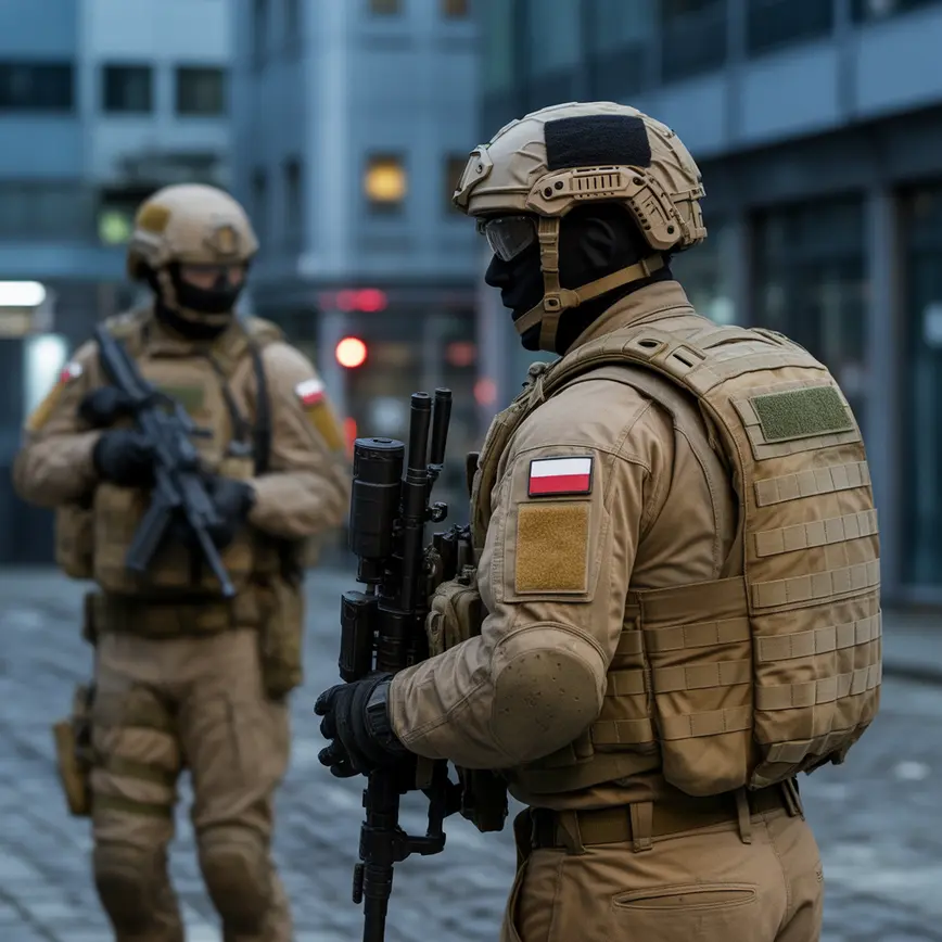 Polscy żołnierze GROM-u w pełnym wyposażeniu podczas tajnej operacji miejskiej nocą