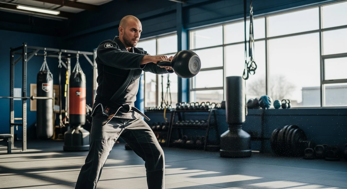 Mężczyzna w sportowym ubraniu ćwiczy z dużym kettlebellem w nowoczesnej siłowni, otoczonej workami treningowymi i sprzętem sportowym, przy świetle dziennym wpadającym przez duże okna.