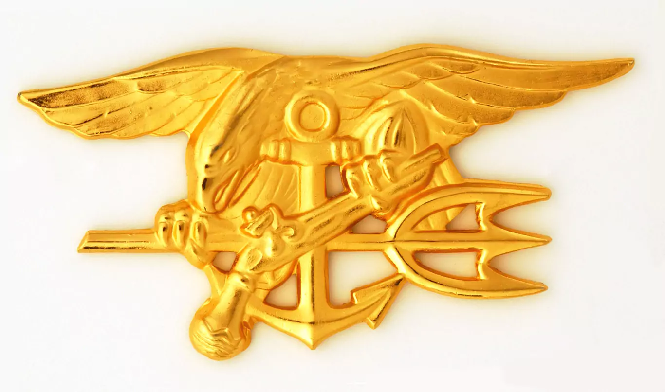 Złote odznaczenie przedstawia orła trzymającego kotwicę i trójząb. Obiekt jest statyczny na białym tle, symbolizuje siły morskie i operacje specjalne.