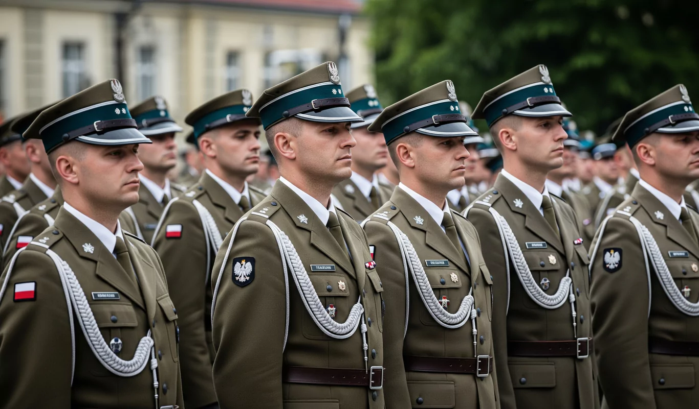 Żołnierze stoją w szeregu w formalnych mundurach, patrząc w jednym kierunku. Ich uniformy są ozdobione różnymi oznakami, na ramionach mają szare sznury. W tle widoczna jest architektura miejska oraz zieleń.
