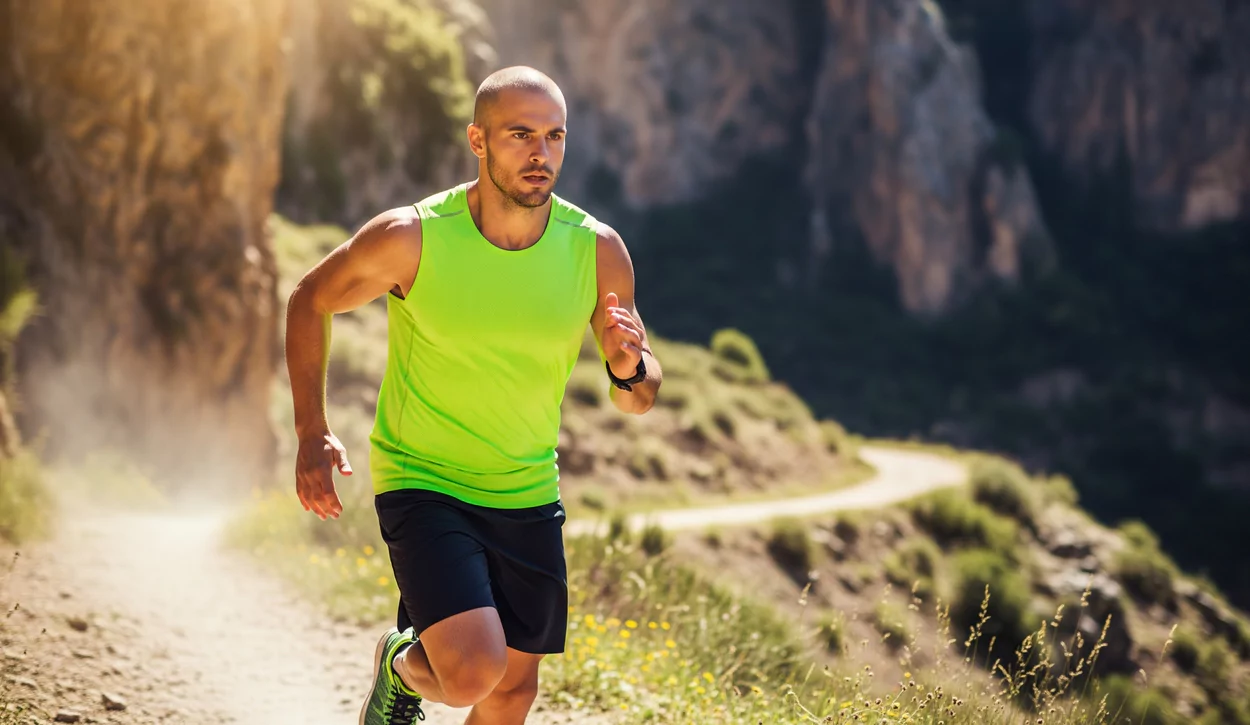 Mężczyzna w jaskrawej zielonej koszulce biegnie po krętej, górskiej ścieżce. W tle widać skały i roślinność, co tworzy naturalne i dynamiczne otoczenie.