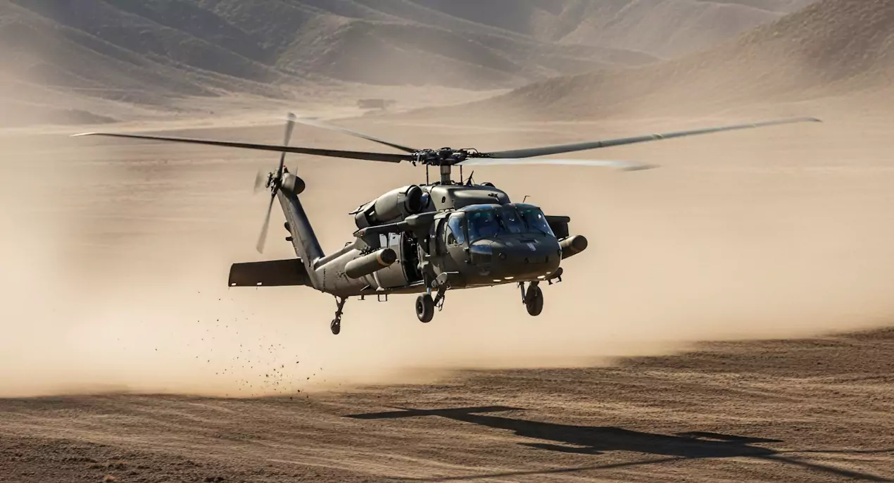 Śmigłowiec unosi się nad pylistym terenem, wzbijając kurz, otoczony górskim krajobrazem.