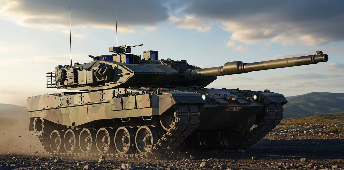 Czołg porusza się po kamienistej drodze w świetle zachodzącego słońca. W tle widać góry i niebo z chmurami. Na pancerzu widnieje napis "K02".