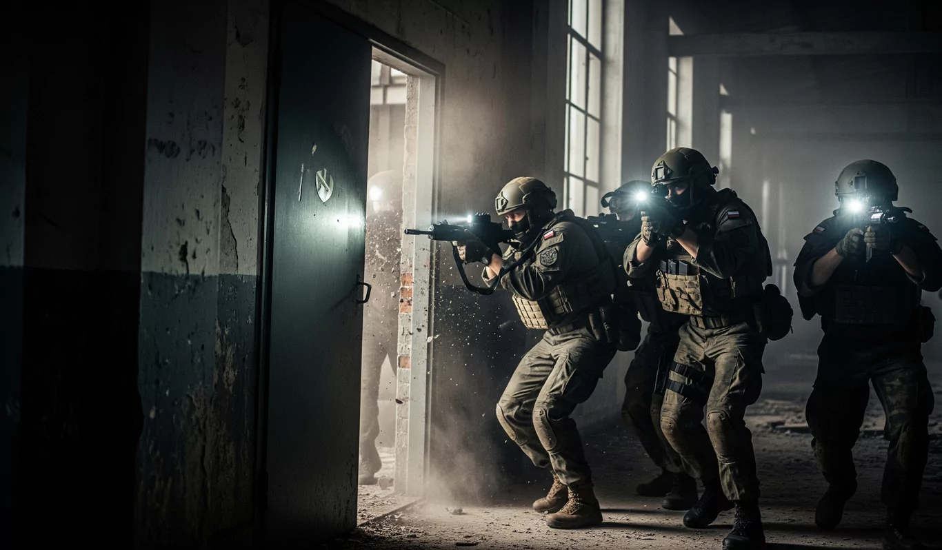 Żołnierze z jednostki specjalnej celują bronią, wchodząc do ciemnego pomieszczenia przez otwarte drzwi. Mocne światło latarki oświetla wnętrze, tworząc dramatyczny, dynamiczny klimat.
