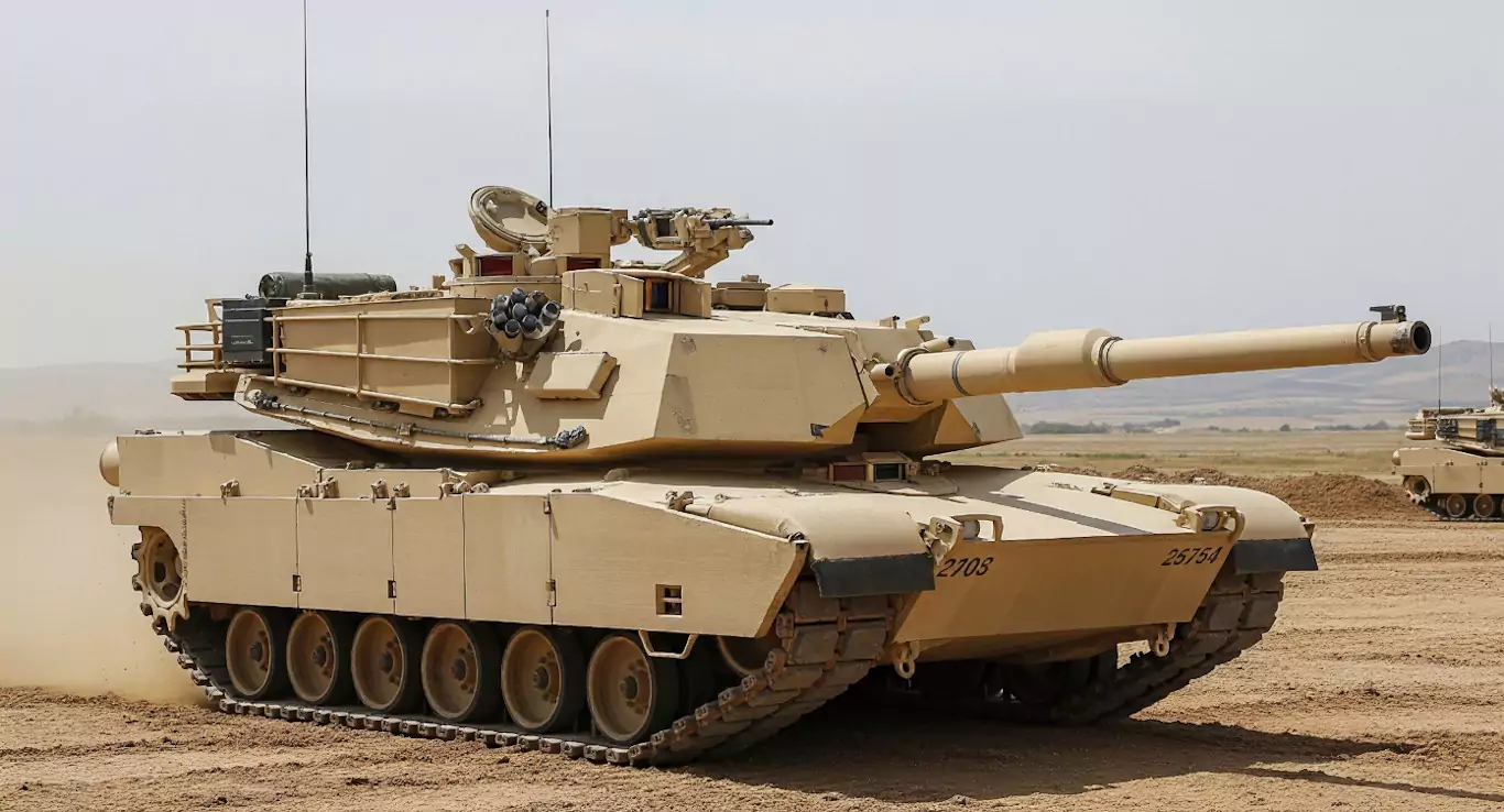 Czołg przemieszcza się po piaszczystym terenie. Posiada jasnożółty pancerz, długą lufę armaty i anteny. W tle widoczne są pagórki i fragment drugiego pojazdu wojskowego.