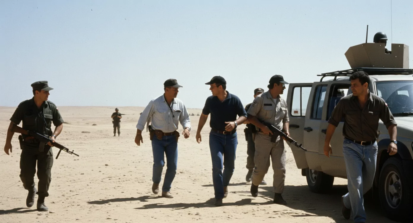 Uzbrojeni mężczyźni w uniformach i czapkach rozmawiają obok terenowego pojazdu na pustynnej przestrzeni. W tle widać jeszcze jedną postać z bronią.