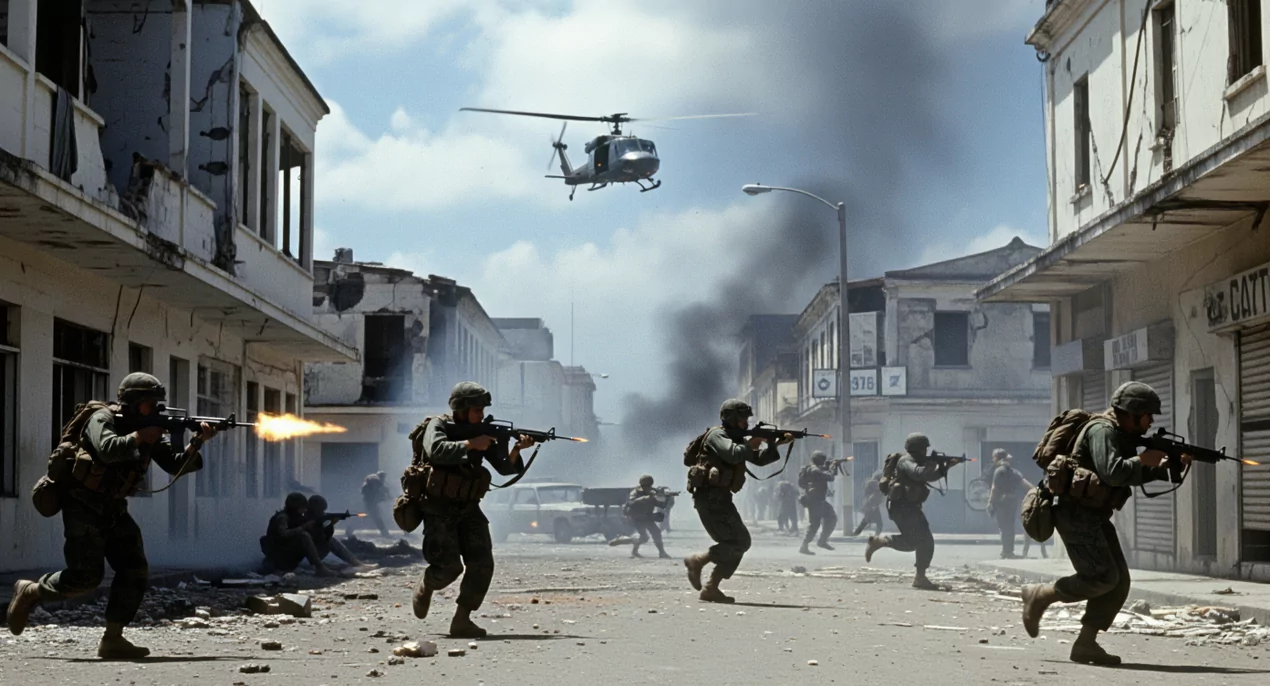 Żołnierze biegną ulicą zniszczonego miasta, prowadząc ostrzał. Nad nimi, w tle, unoszący się śmigłowiec i dym. Wokół leżą gruzy, a budynki są uszkodzone.