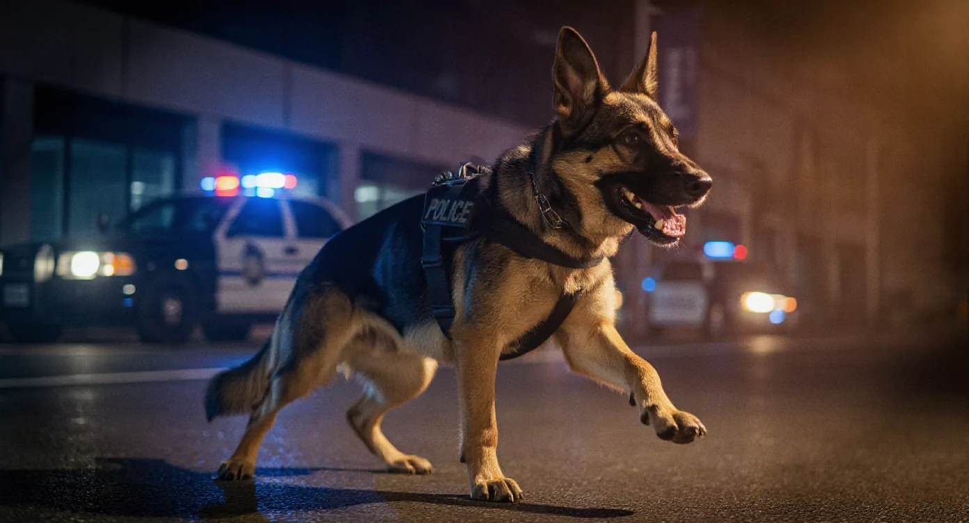 Pies policyjny w kamizelce z napisem "POLICE" biegnie po ulicy. W tle stoją radiowozy z włączonymi światłami sygnalizacyjnymi. Jest noc.