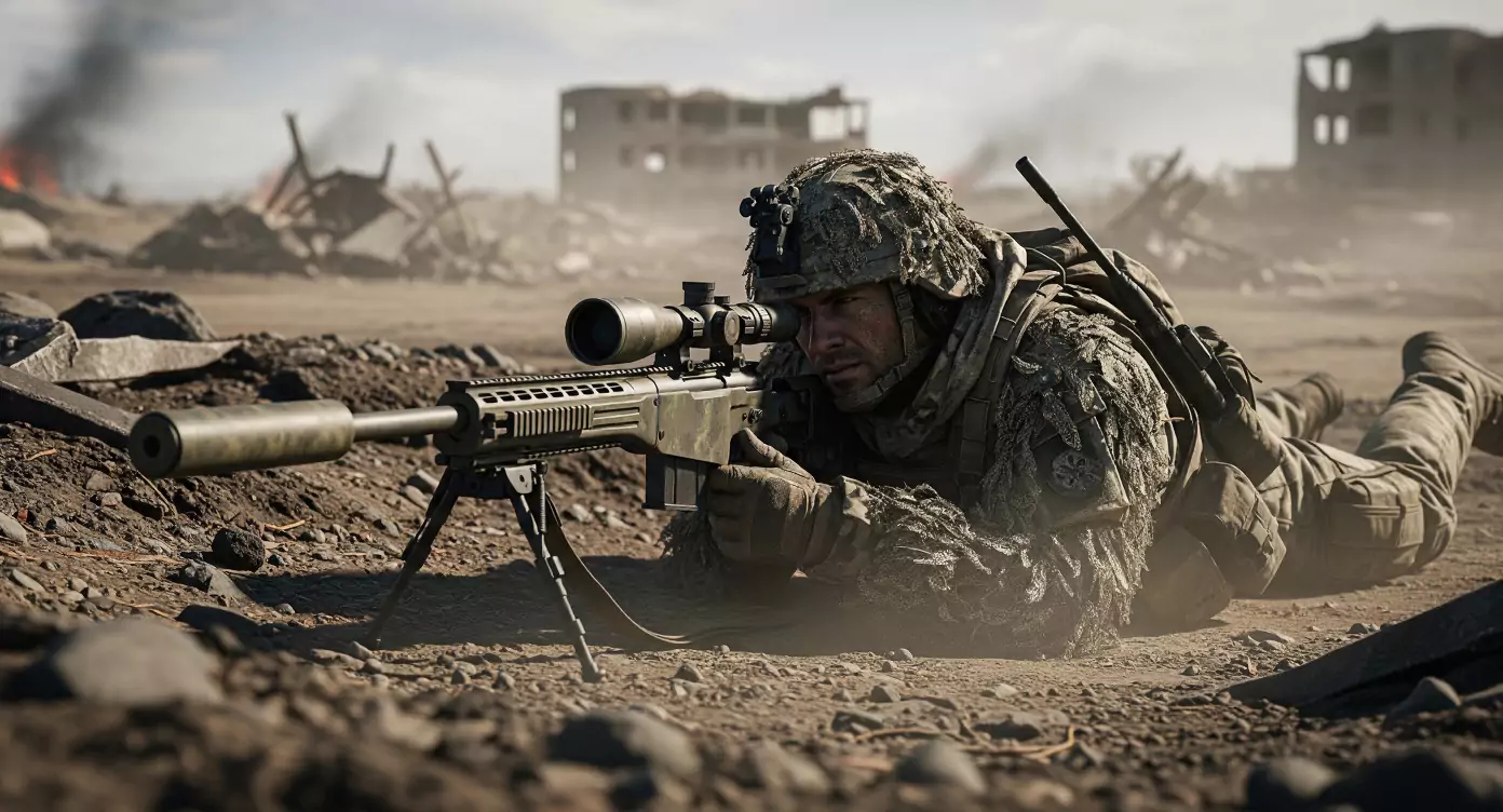 Żołnierz leży na ziemi, celując ze snajperskiego karabinu. Otacza go zrujnowany krajobraz z gruzami i pożarami w tle, krajobraz wygląda na wojenny.