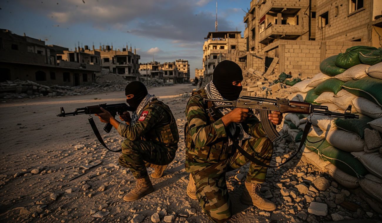 Dwóch zamaskowanych żołnierzy w kamuflażu trzyma broń, klęcząc na kamienistej ulicy w zniszczonym mieście, otoczeni workami z piaskiem, w tle widać ruiny budynków pod pochmurnym niebem.