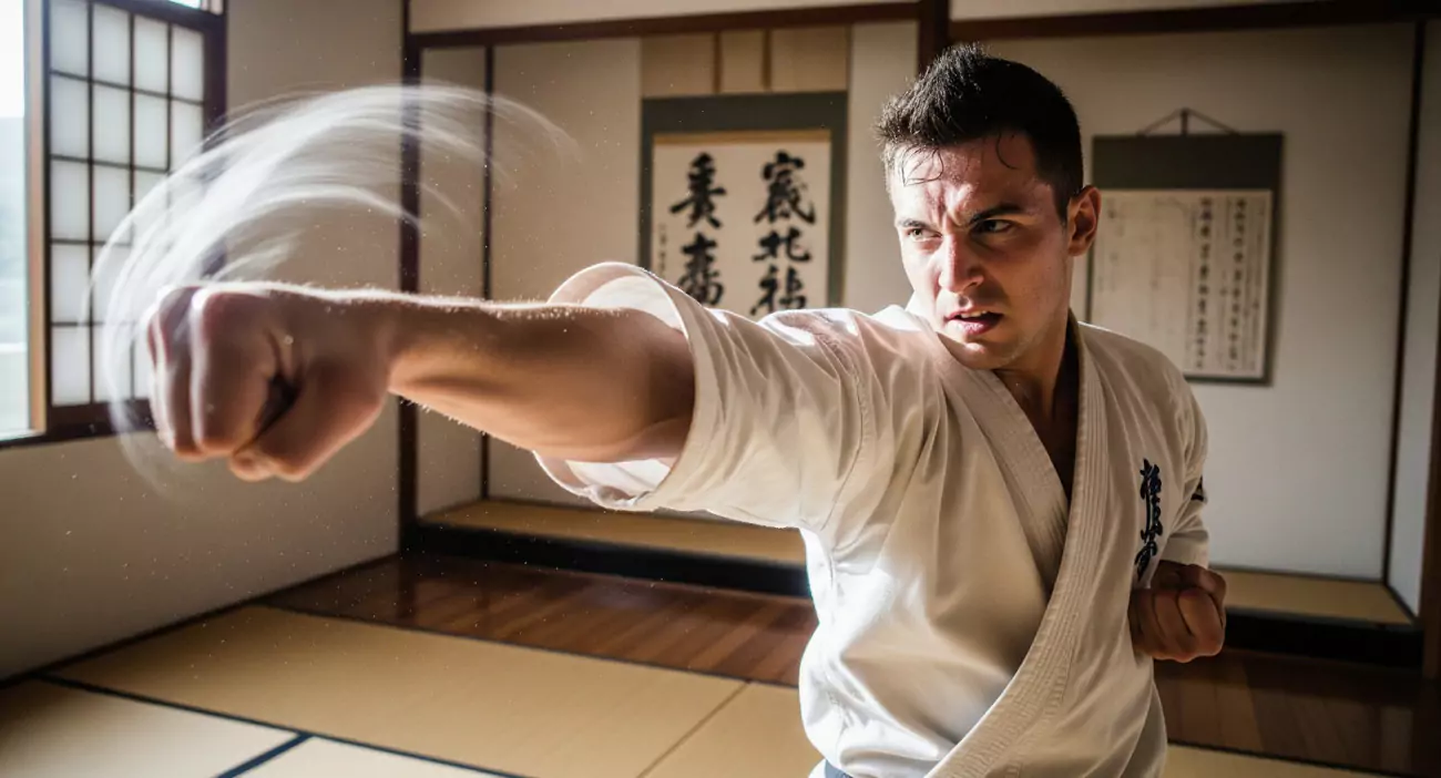Mężczyzna w kimonie wykonuje energiczny cios pięścią. Znajduje się w tradycyjnym japońskim pomieszczeniu z drewnianą podłogą i zwojami z kaligrafią na ścianie.
