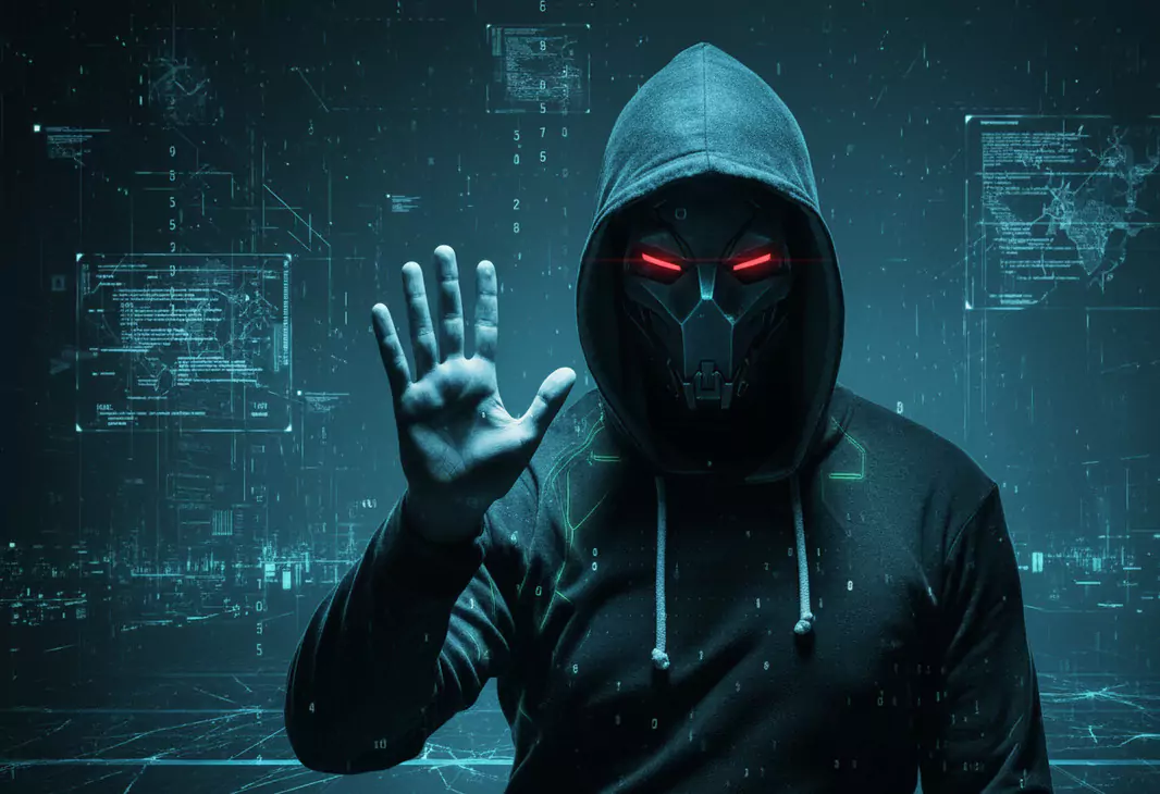 Maskowana postać w szarym kapturze podnosi rękę do przodu. Otoczenie pełne jest cyfrowych paneli i wykresów, wskazując na wirtualny, informatyczny świat. Postać ma świecące czerwone oczy.