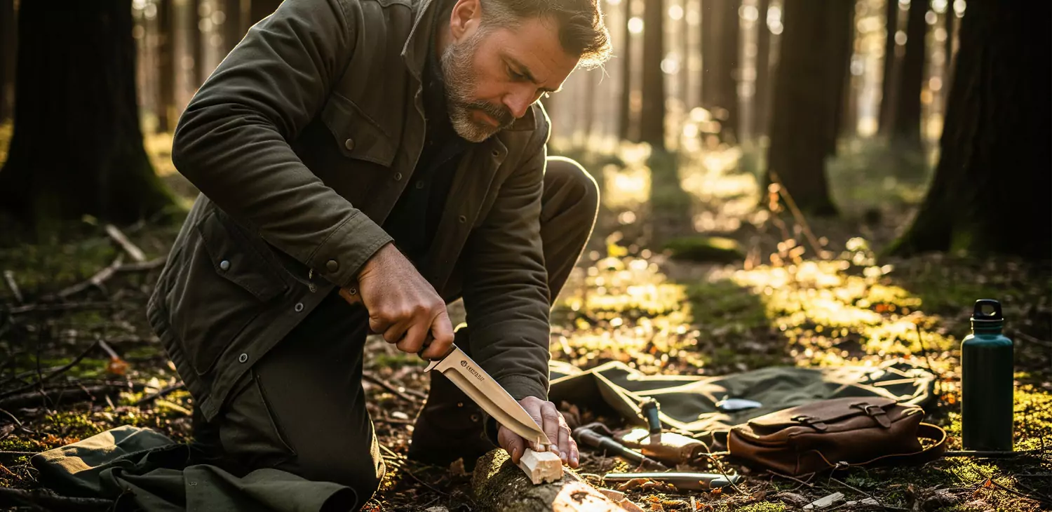 mężczyzna z nożem taktycznym w lesie