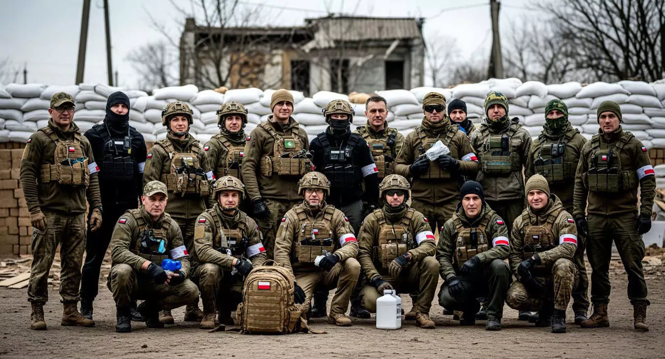 Żołnierze ubrani w mundury i kamizelki kuloodporne pozują do zdjęcia. W tle są worki z piaskiem i budynki. Na ramionach mają naszywki z polską flagą.