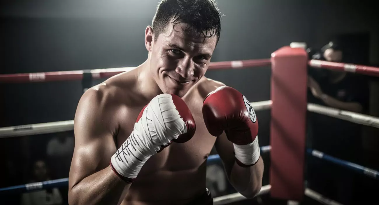 Bokser w czerwonych rękawicach i bandażach na dłoniach pozuje w ringu, z lekkim uśmiechem na twarzy. Otoczony linami bokserskimi, w ciemnym pomieszczeniu.