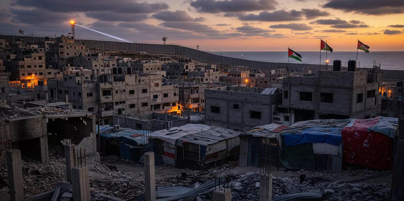 Ruiny budynków otoczone murami. W tle zachodzące słońce nad morzem, a na dachach kilka flag palestyńskich. Kolorowe plandeki przykrywają część konstrukcji.